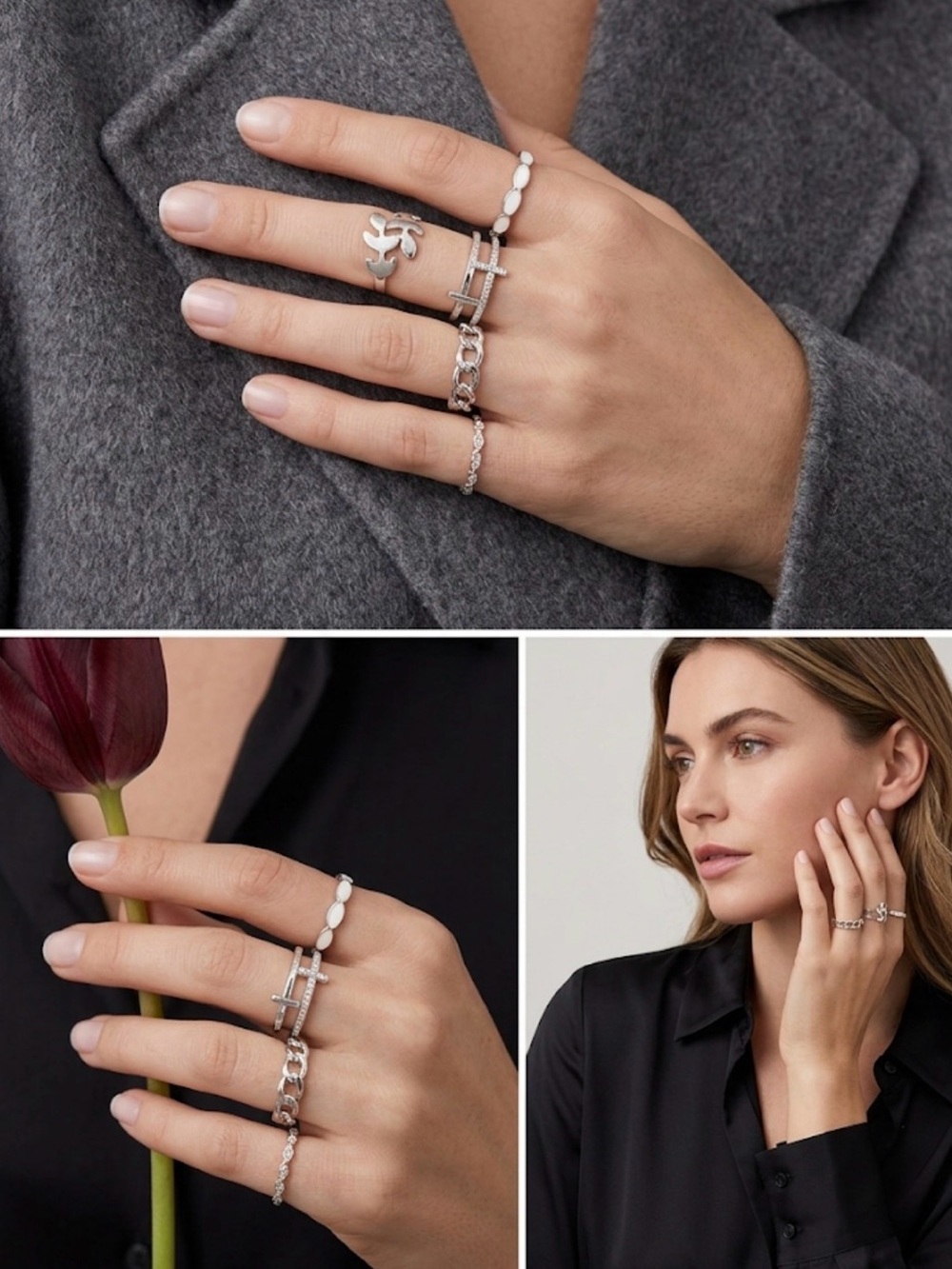 5 fantasy Stackable Silver Fashion Rings Set - Sleek Multi-Ring Look /14